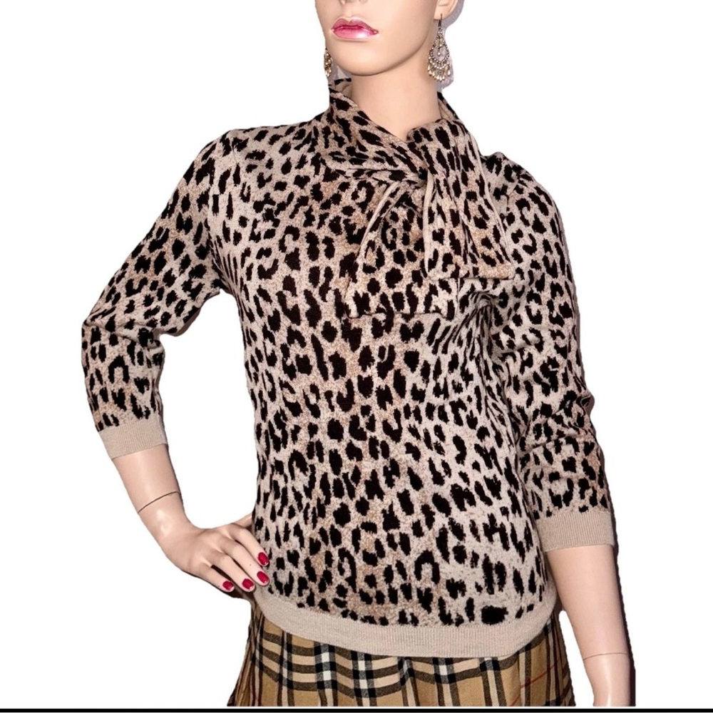 CARLISLE Leopard Animal Print Bow Wool
Cashmere Sweater 3/4 Sleeve L